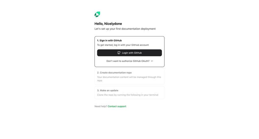 Mintlify
			 onboarding account creation deploy login call to action setup on boarding documentation version control ui page example