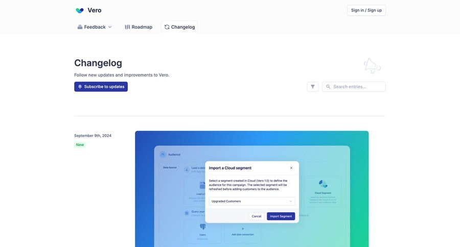 Vero
			 coming soon data import product update changelog update map view connect service news feed ui page example