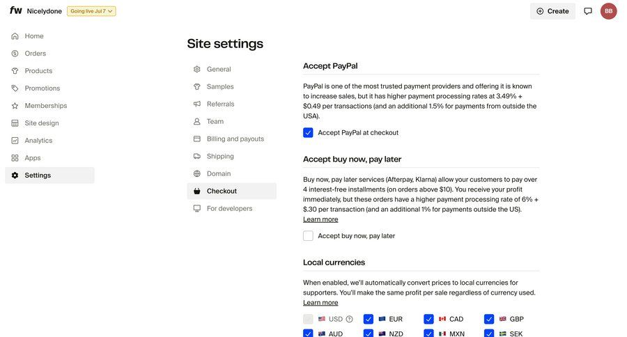 Fourthwall
			 configuration settings e-commerce email payment options ui page example
