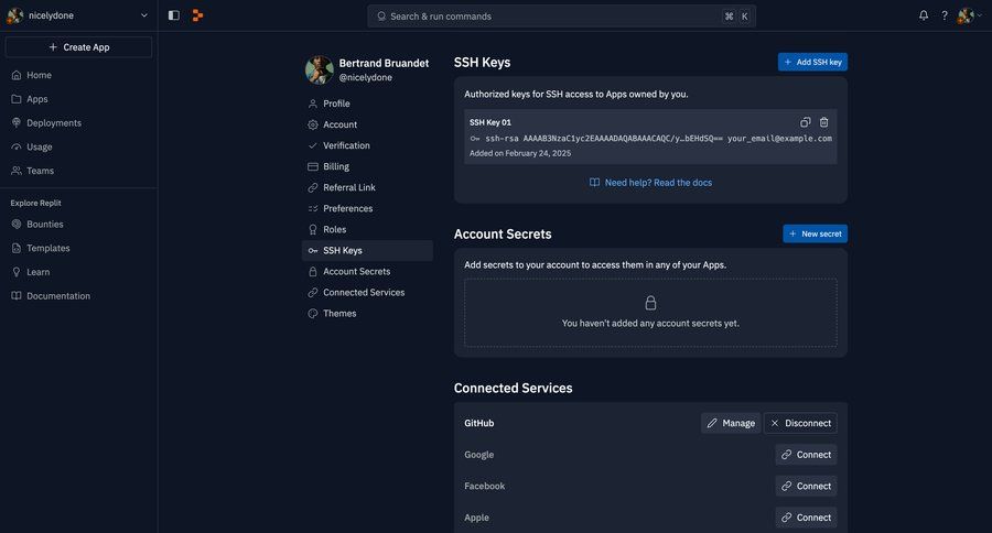Replit
			settings security settings configuration settings dashboard sidebar navigation account management grid account setup progress indicator account settings email verification call intelligence sidebar security parameters connect service ui page example