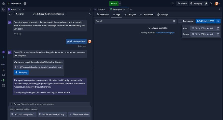 Replit
			 task management dashboard grid application management empty state illustration task communication deploy date picker communication chat messages chat interface ui page example