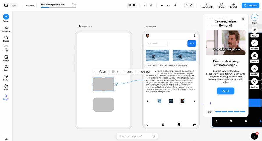 Uizard
			 collaboration sidebar navigation design real-time collaboration drag and drop sidebar progress bar ui page example