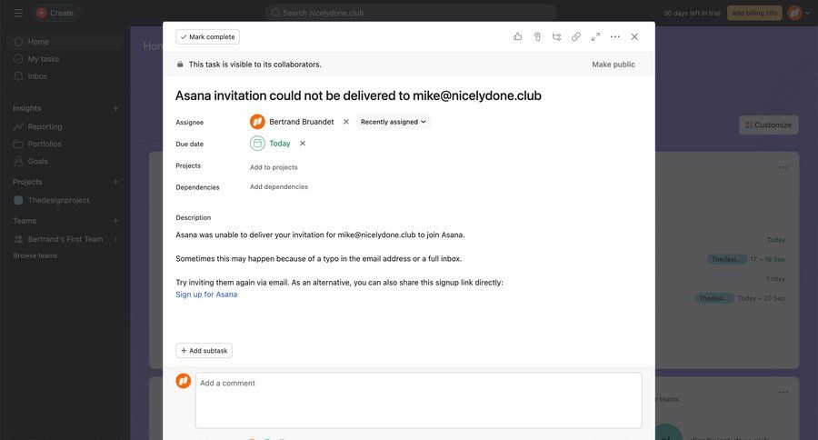 Asana
			 task management collaboration team collaboration project management user invitation task communication alert message system notification push notification notification center alternatives ui page example