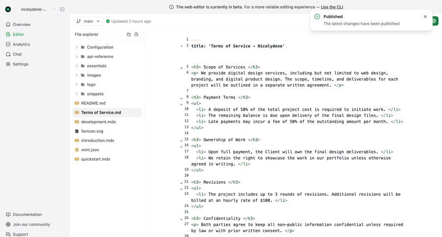 Mintlify
			 content management sidebar navigation editor tree view file management modal confirmation code editing sidebar file uploader markdown editor ui page example