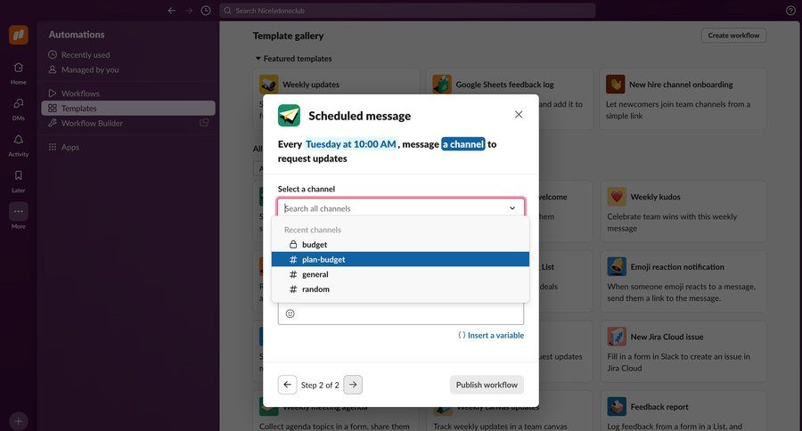 Slack
			 modal screen configuration workflow form automation workflow automation template customization communication modern chatbot ui page example
