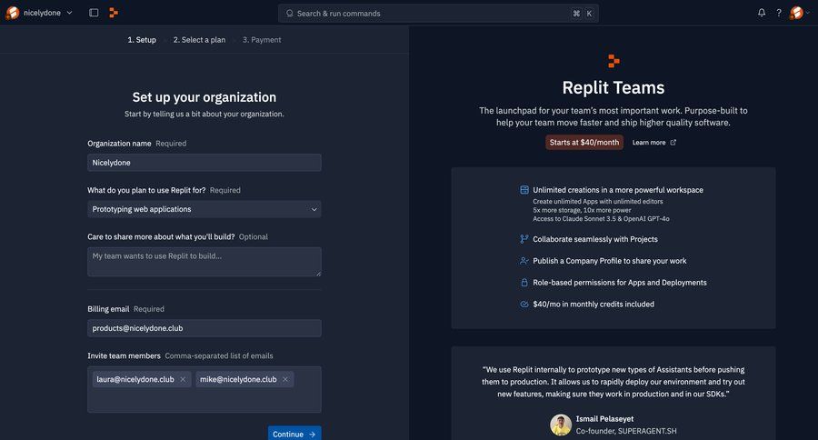Replit
			 collaboration account management grid onboarding form account setup account creation user permissions call intelligence create generate setup ui page example