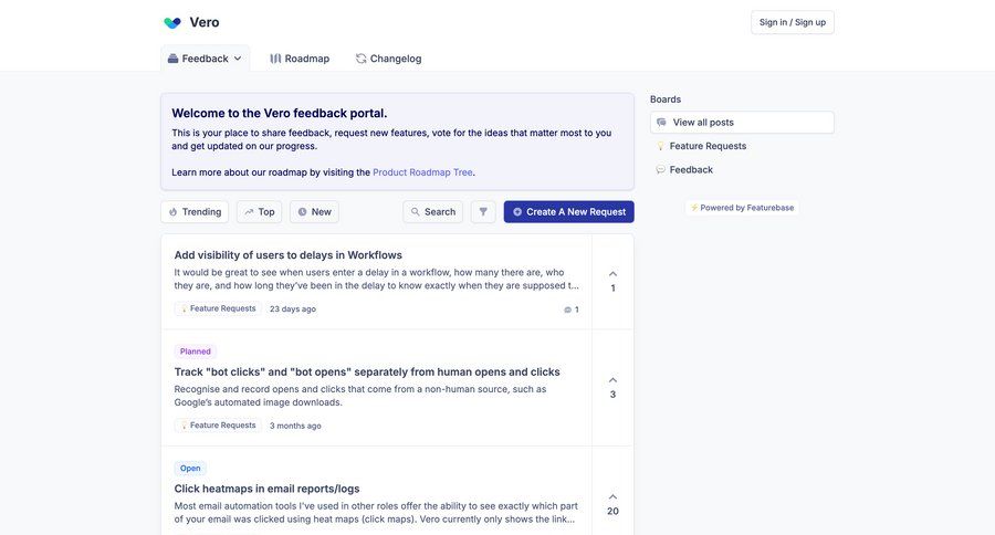 Vero
			list community changelog importing data global search campaign creation ui page example