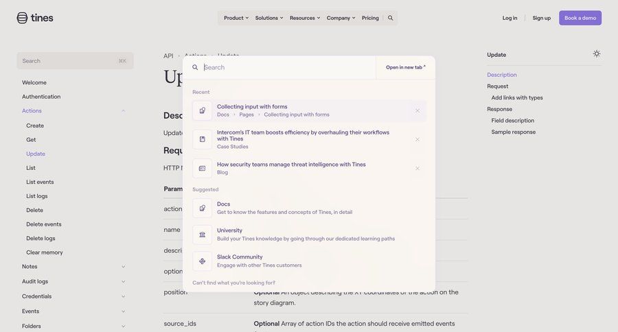 Tines
			 manage links audit log doc documentation case studies docs search results ui page example