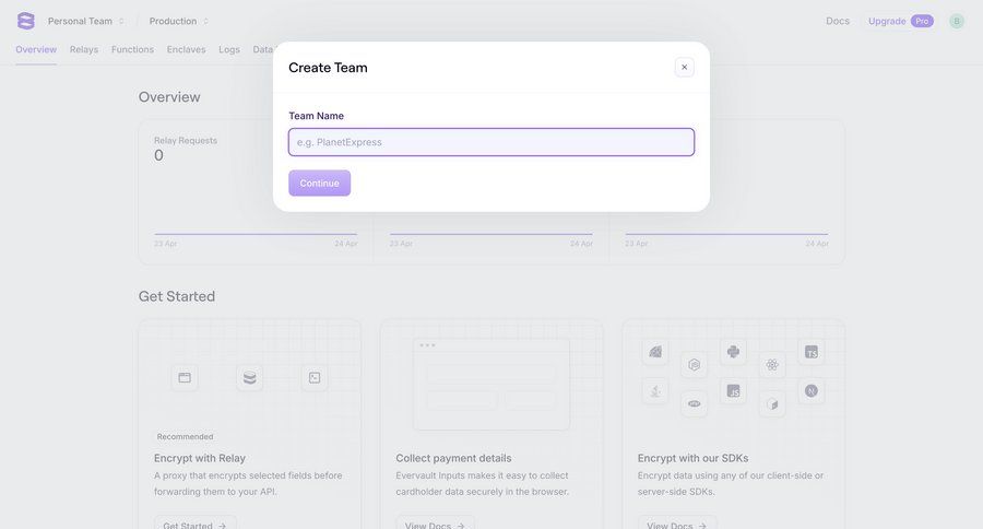Evervault
			 team collaboration dashboard onboarding form modal dialog dashboard overview team creation create generate cards ui version control ui page example
