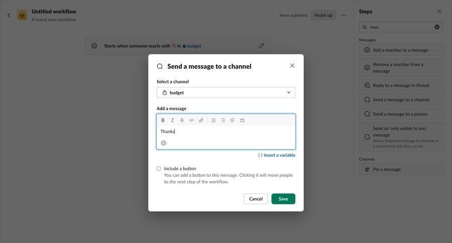 Slack
			 form automation workflow automation workflow communication workflow builder chatbot workflow configuration workflow integration send invitation ui page example