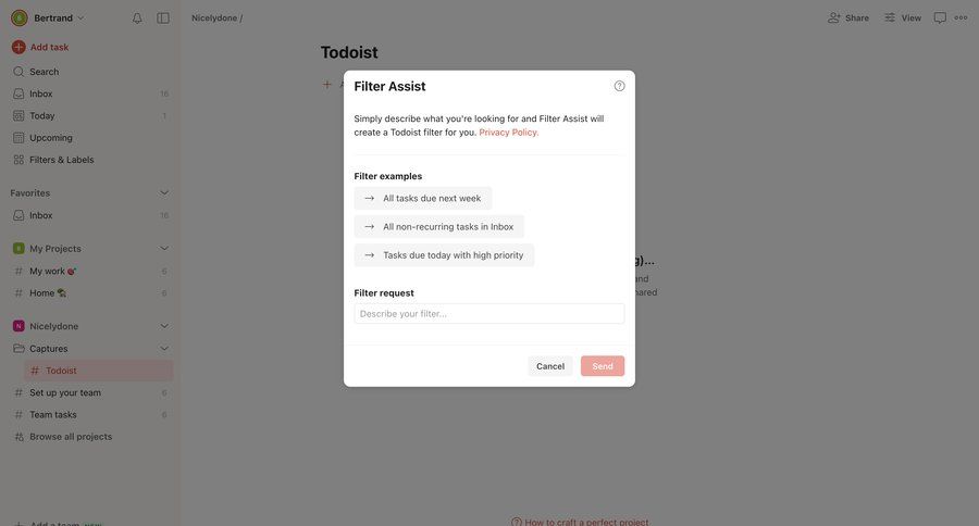 Todoist
			 task management project management form natural language processing filter controls filters dropdown dropdown filters search filters filter options filter dropdown sorting filters filter ui ui page example