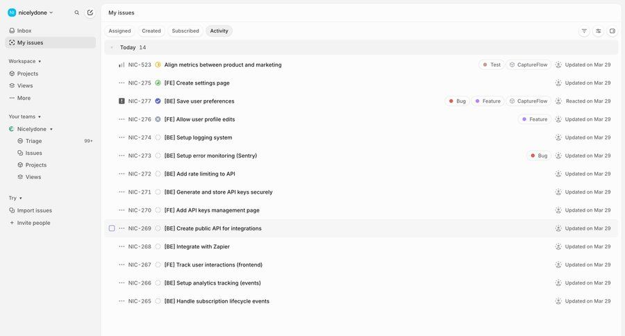 Linear
			 project management task management recent activity ui page example