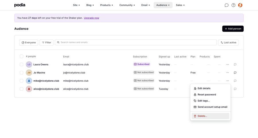 Podia
			 e-commerce user management account management payment history user lists menu payment options product packages payment page table payment confirmation ui page example