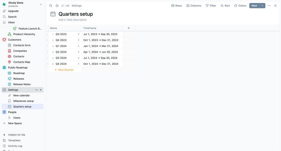 Fibery
			 configuration settings sidebar navigation project management data entry data filtering dropdown filters sidebar setup menu table time management time tracking ui page example