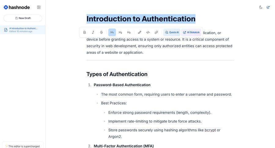 Hashnode
			 sidebar navigation editor authentication document management wysiwyg editor ai assistance wysiwyg sidebar security menu editorial blog post news article article feature article markdown editor rich text ui page example
