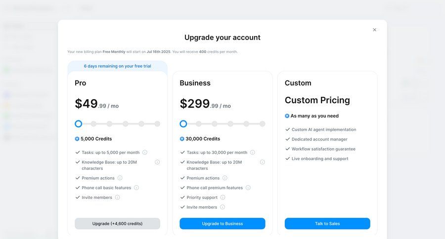Lindy
			 settings account management account settings subscription management plan comparison progress ui page example