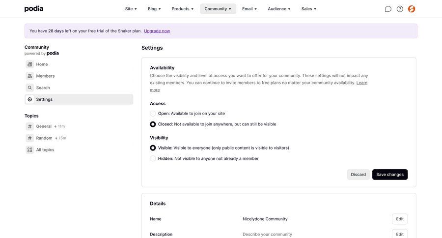 Podia
			 sidebar e-commerce settings form configuration subscription management free plan save changes trial banner access controls ui page example