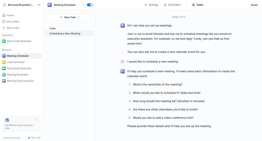 Lindy
			 task management dashboard sidebar navigation artificial intelligence conversational ui content hierarchy sidebar chat interface ui page example