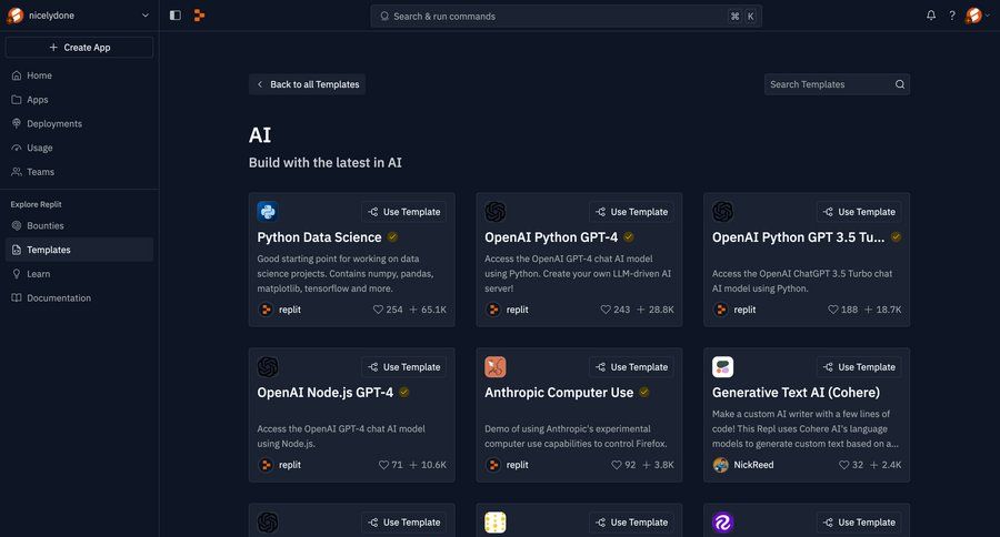 Replit
			 artificial intelligence grid template library full-screen layout template selection machine learning call intelligence data grid card layout ui page example