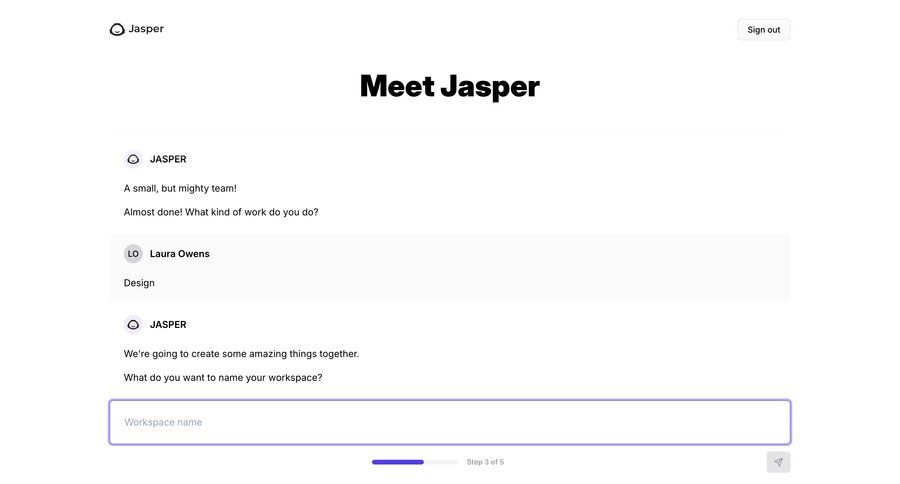 Jasper
			 onboarding form content hierarchy workspace creation progress bar ui page example