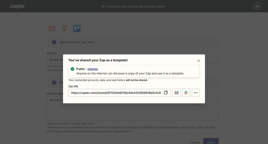 Zapier
			share modal & popover success state form automation share modal templates sharing ui page example