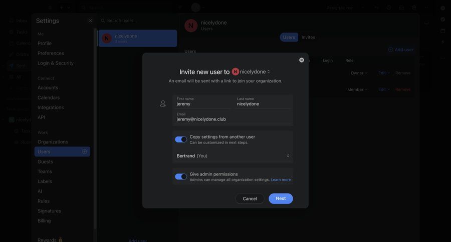 Missive
			 access control user invitation organization settings team management ui page example