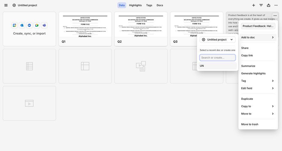Dovetail
			 document management file organization data grid ui page example