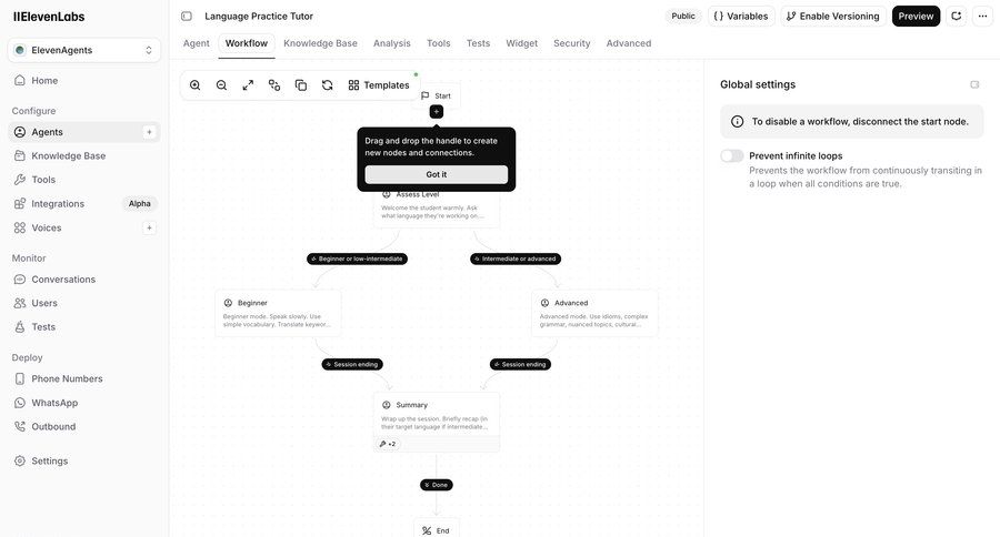Elevenlabs
			 modern navigation bar sidebar drag and drop settings workflow automation sidebar navigation configuration hierarchical navigation guided tour workflow builder artificial intelligence workflow creation workflow editor node based editor ui page example