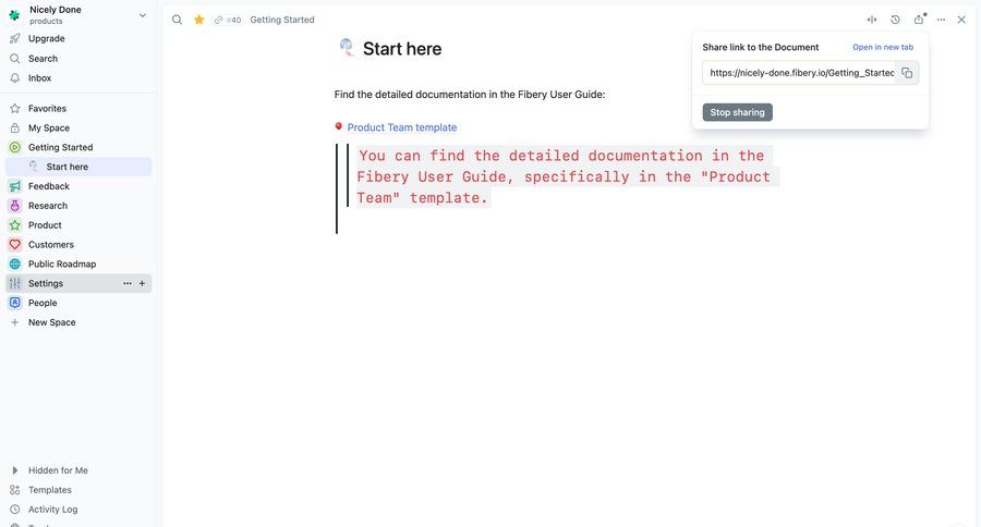 Fibery
			 modal screen collaboration sidebar navigation project management onboarding share modal document sharing getting started wysiwyg sidebar menu documentation ui page example