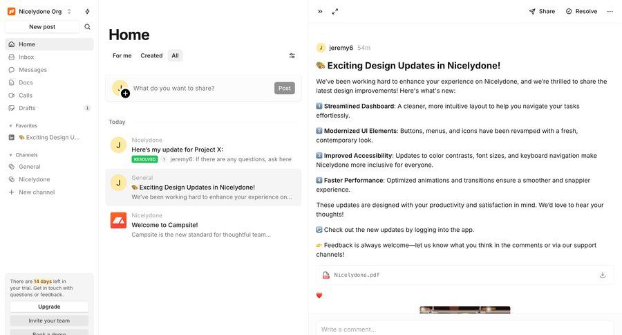 Campsite
			 collaboration sidebar navigation project management onboarding file upload rounded corners sidebar personal space communication recent activity social feed newsfeed activity stream modern dashboard layouts check out comment mode sharing ui page example