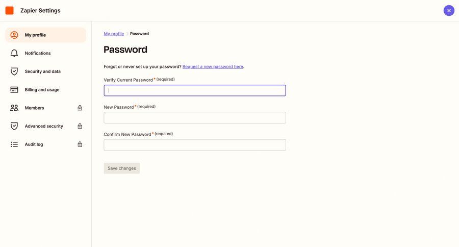 Zapier
			 settings account management form account setup password management save changes security change password navigation menu ui page example