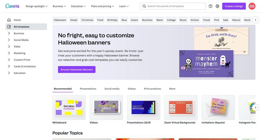 Canva
			 grid design templates template library whiteboard template selection color palette sidebar modern ui page example
