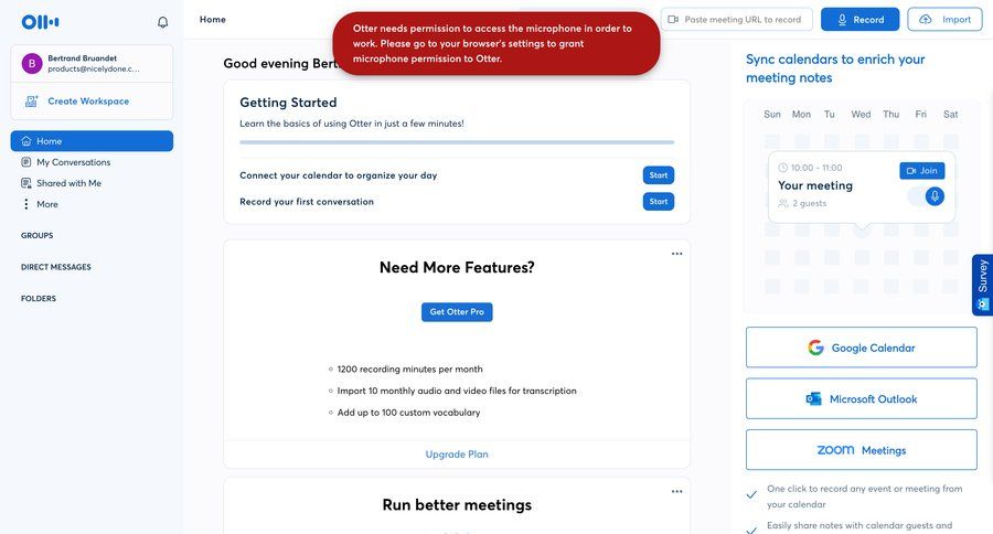 Otter
			 dashboard sidebar navigation account management onboarding account setup calendar management getting started sidebar user profile alert menu tips modern voice meeting ui page example