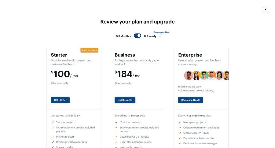 Ballpark
			 conditional logic subscription management plan comparison payment history user permissions user role call recording pay service plans price payment options product packages paywall features comparison page payment page table review enterprise payment confirmation ui page example