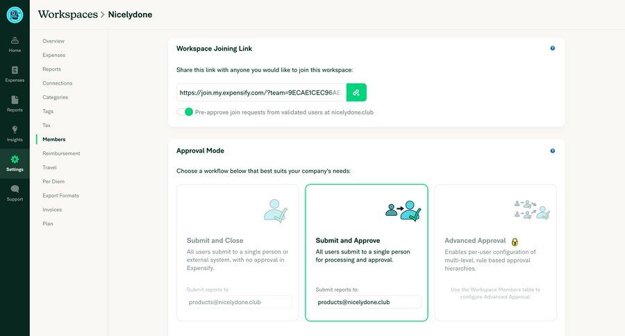 Expensify
			 configuration settings sidebar navigation workflow workspace settings finance export workspace management list management expense management radio group sidebar lists modern approval workflow ui page example