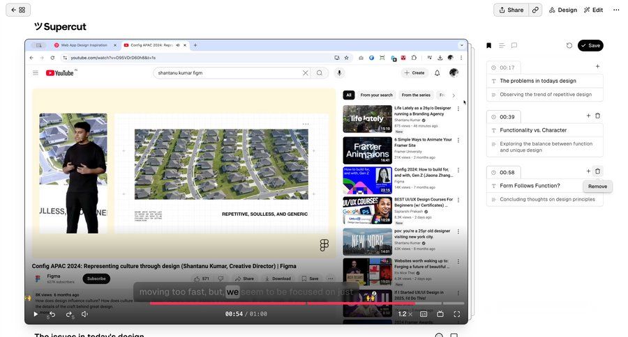 Supercut
			comments & reactions player timeline design full-screen layout video player content hierarchy menu timeline ui progress bar search bar ui page example