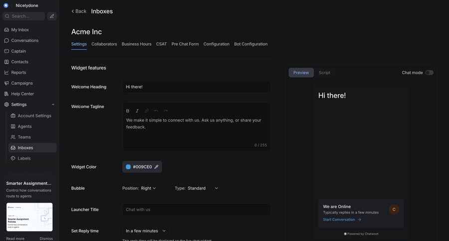 Chatwoot
				settings ui page example