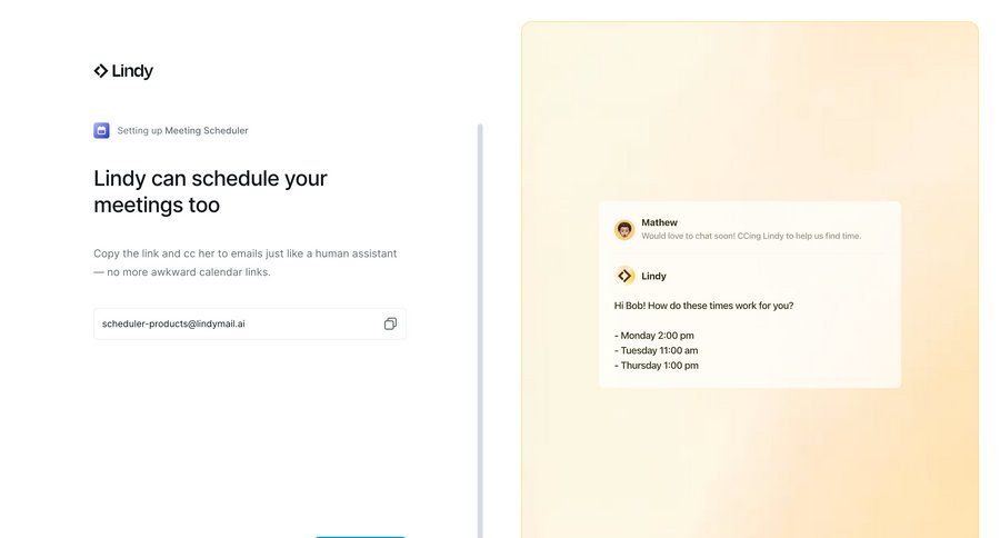 Lindy
			 artificial intelligence onboarding scheduling meetings message setup chat interface ui page example