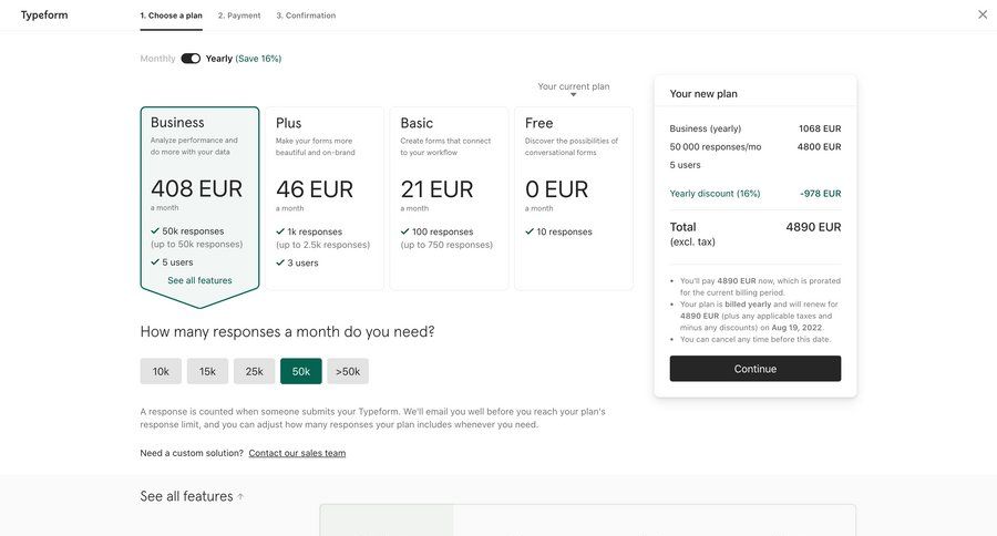 Typeform
			 price progress indicator confirmation payment options table subscription management plan comparison features saas pricing checkout screen payment confirmation payment history premium payment page pricing calculator product packages ui page example