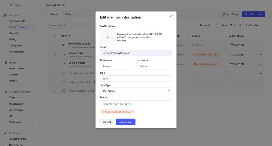 Dock
			 settings user management form workspace settings confirmation file upload email user permissions modern settings modal team management ui page example