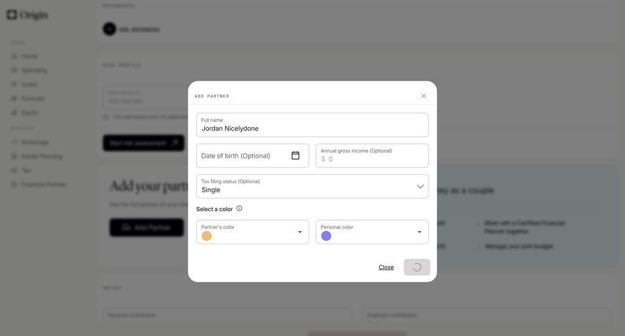 Origin Financial
			team edit account settings color selection settings modal ui page example