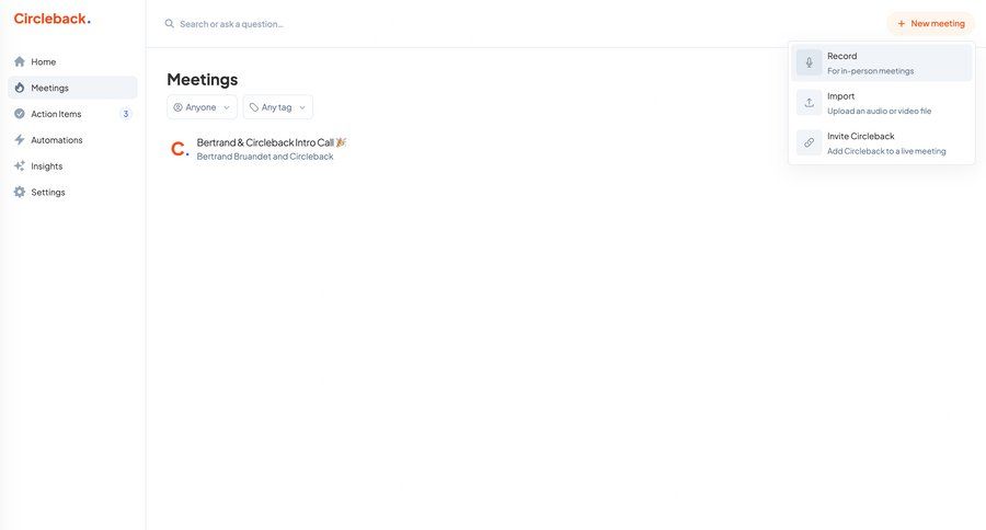 Circleback
			 collaboration sidebar navigation import file menu meeting ui page example