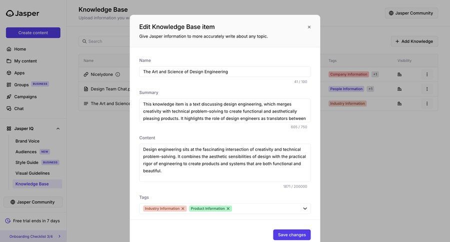 Jasper
			 modal screen content management artificial intelligence form knowledge base tagging tag management knowledge management summary ui page example