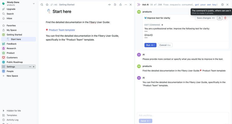 Fibery
			content editor tooltip sidebar navigation artificial intelligence save changes wysiwyg sidebar menu tip chat interface command k ui page example