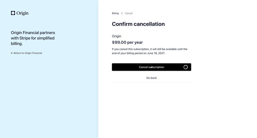 Origin Financial
			 subscription management customer portal billing portal ui page example