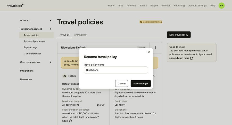Travelperk
			 configuration account settings b2b saas ui page example