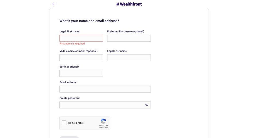 Wealthfront
				signup page example
