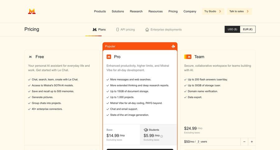 Mistral
				plans & pricing ui page example