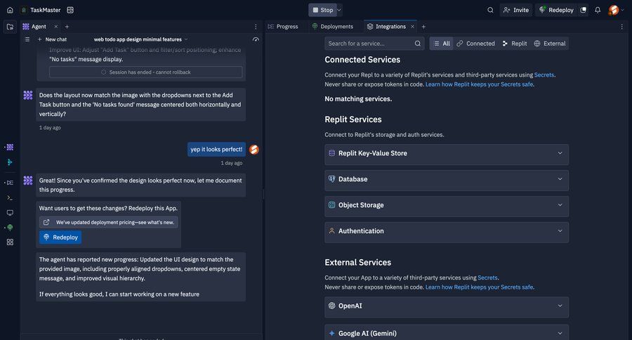 Replit
			 task management settings empty state illustration integration filter ui chat interface connect service ui page example