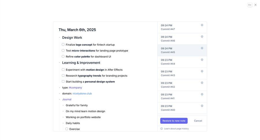 Reflect
			 modal screen task completion typography color palette lists version history version control ui page example